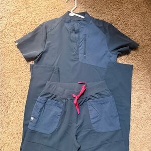 Figs Women's dusty Blue Scrub Set with Pink Drawstring